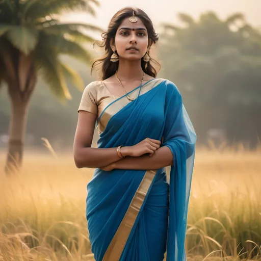 Prompt: Draped in a flowing blue saree, a young woman stands confidently on a grassy expanse, her expression calm and poised. The saree's elegant fabric cascades gracefully, complemented by a golden top that adds a touch of sparkle, matching her delicate jewelry, including rounded earrings. Bathed in soft, natural light from a clear sky, the background features a warm-toned stone building and sparse trees, hinting at an outdoor setting with a tranquil ambiance. Her black sandals contrast subtly against the earthy tones of the ground, while her slender wristwatch adds a modern touch to her traditional attire, creating a harmonious blend of cultures and styles. The scene combines elegance with a sense of ease, capturing a moment of poise in a picturesque outdoor environment.
