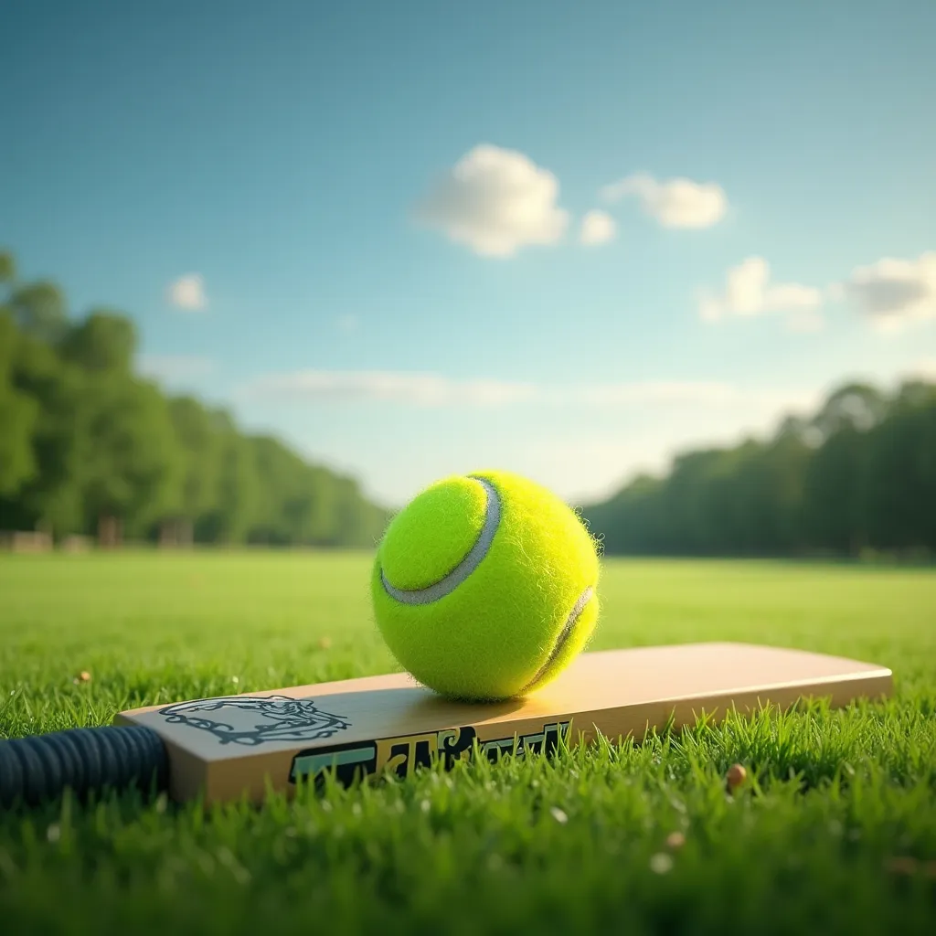 Prompt: Create a landscape image with lush green ground, and a tennis ball on top of lying cricket bat