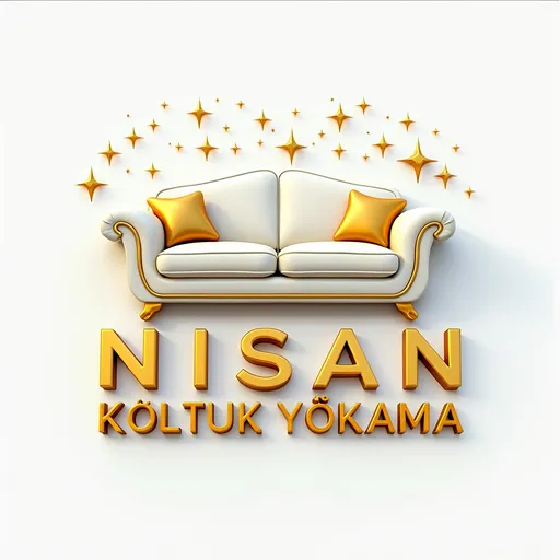 Prompt: A clean and modern 3D logo for "Nisan Koltuk Yıkama". A shiny, stylized sofa icon combined with sparkling water effects. Use gold and white color tones with glossy highlights. The brand name "Nisan Koltuk Yıkama" should be displayed in bold gold 3D letters beneath the icon.

