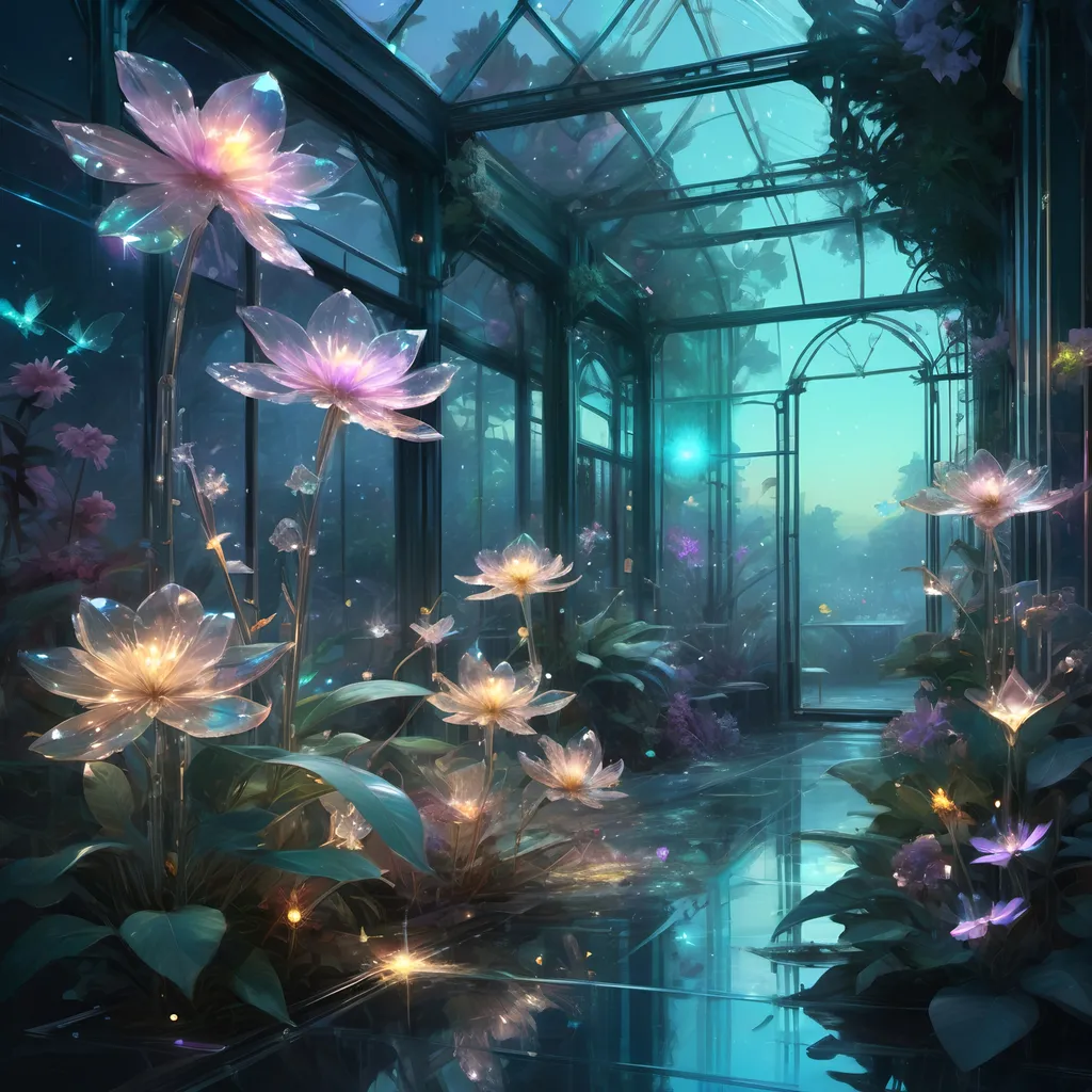 Prompt: A beautiful bioluminescent sparkling crystal pastel greenhouse full with crystalline pastel flowers and fireflies and crystals, by Craig Mullins, Destin Sparks, Raymond Swanland, Justin Minns, Ismail Inceoglu, Behance HD, Artstation, Deviantart, minimalistic touch of gold decorations, 8k resolution, incredible abstract composition, deep colors