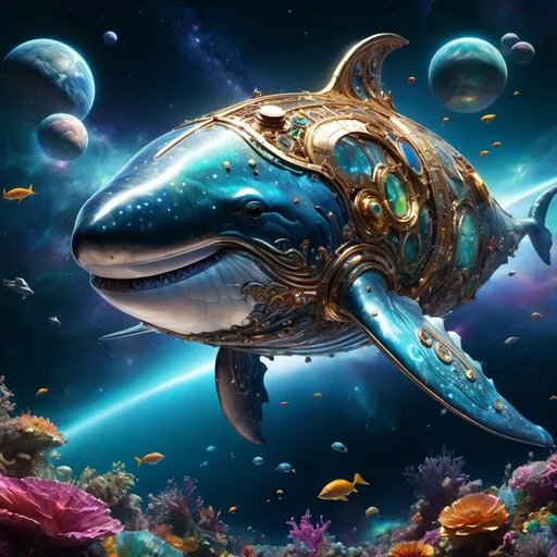 Prompt: Intricate illuminated sparkling metal whale swims in space, breathtaking borderland fantasycore artwork by Android Jones, Jean Baptiste monge, Alberto Seveso, Erin Hanson, Jeremy Mann. maximalist highly detailed and intricate professional_photography, a masterpiece, 8k resolution concept art, Artstation, triadic colors, Unreal Engine 5, cgsociety