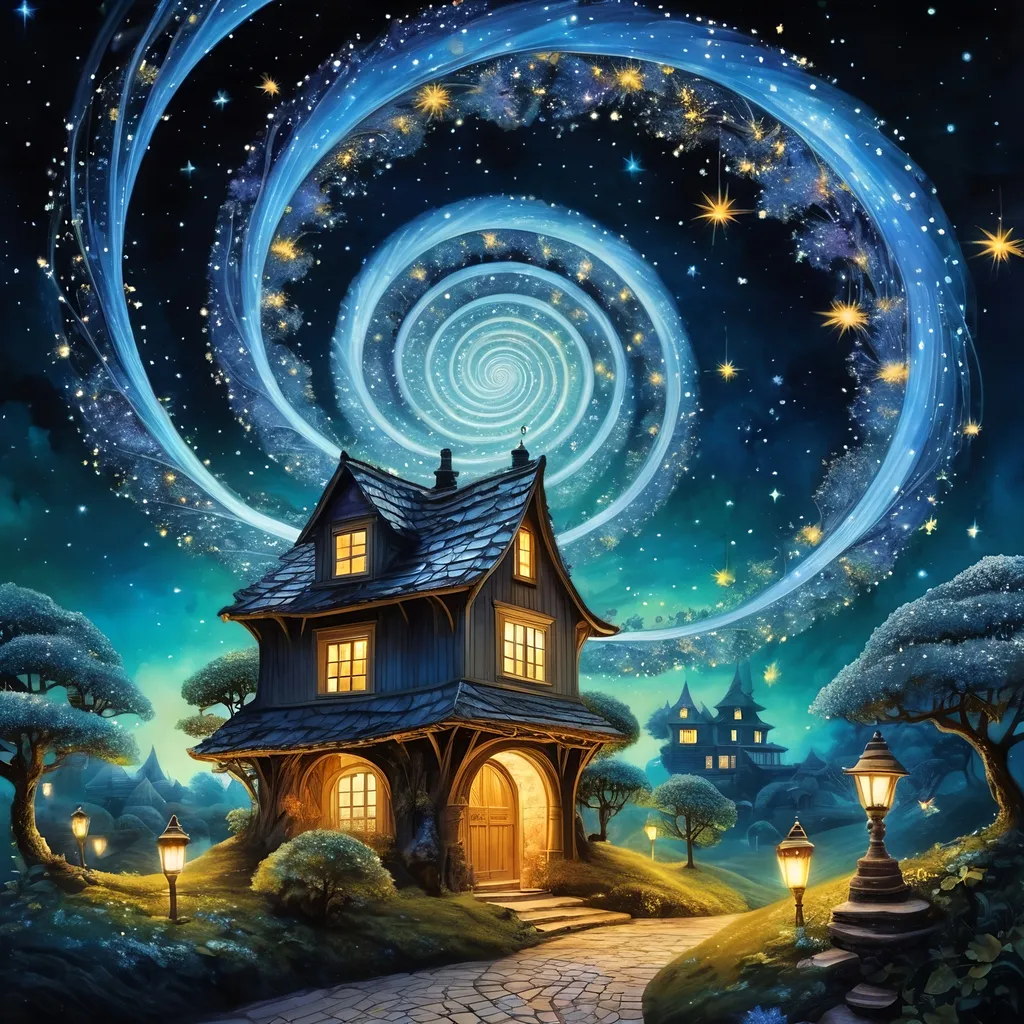 Prompt: Amazing breathtaking fairy surrealism, optical illusion surreal image of an intricate glowing infinite spiral fairy spiral SPIRALING farm made of stars with fairy villages and antique_street_lamps built into it, bioluminescent bonsai leading into starry galaxy, a silhouette of_a_fairy is walking in it, super colorful, hyperdetailed, intricate by "Jeremy_Mann", by "Liz_Gael", Cosmic Velvet night above a fairycore village, hyperdetailed fireflies, watercolor, incredible and insanely detailed fantasycore landscape, Zentangle, 3d shading, by Spring Dream