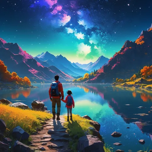 Prompt: father and little daughter hiking in the mountains, lake, starry night sky”, maximalist hyperdetailed, by Kim Jung Gi, Ismail Inceoglu, Yoshitaka Amano, Hirohiko Araki, a masterpiece, vibrant triadic colors, 8k resolution, ambient occlusion, dramatic lighting, perfect hands, rule of two-thirds, raytracing reflections
