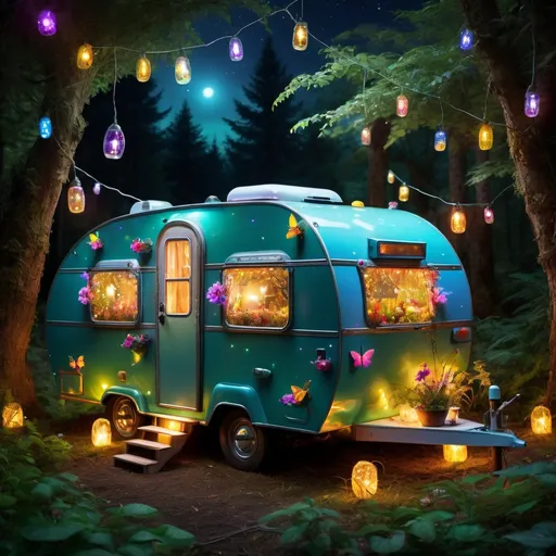 Prompt: HD Photograph close-up cozy overgrown fairy glass caravan camper mobile home in enchanted forest at night, fairy string lights, fireflies, glowing flowers, epic fantasy masterpiece artwork, maximalist highly detailed professional photography, triadic colors, octane photograph, photorealism