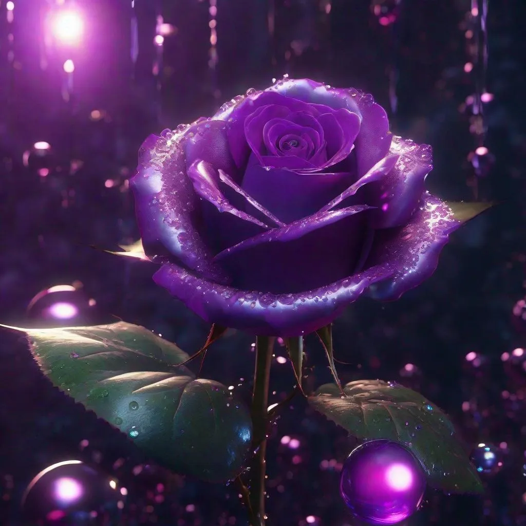 Prompt: Purple rose edges drip in silver, glowing purple light, silver orbs floating around :: detailed matte painting, deep color, fantastical, intricate detail, splash screen, complementary colors, fantasy concept art, 8k resolution trending on Artstation Unreal Engine 5