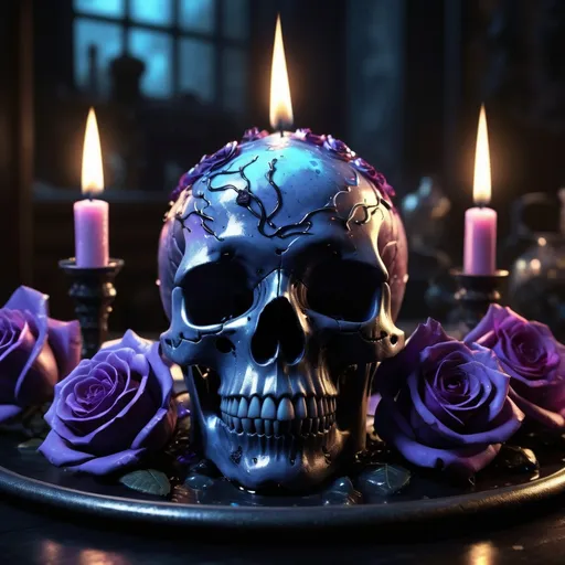 Prompt: insanely detailed gorgeous Glass_Skull with a magical_Bioluminescent_liquid inside surrounded_by black roses, candles, Purple Hearts, Dark energy, :: in the style of Alice_in_Wonderland, :: Perfect_proportions, a masterpiece, 8k_resolution, dark_fantasy_concept_art, by Greg_Rutkowski, dynamic_lighting, Hyperrealistic, intricately_detailed, Splash screen art, trending on Artstation, deep_color, Unreal_Engine, volumetric lighting,