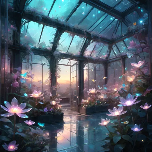 Prompt: A beautiful bioluminescent sparkling crystal pastel greenhouse full with crystalline pastel flowers and fireflies and crystals, by Craig Mullins, Destin Sparks, Raymond Swanland, Justin Minns, Ismail Inceoglu, Behance HD, Artstation, Deviantart, minimalistic touch of gold decorations, 8k resolution, incredible abstract composition, deep colors