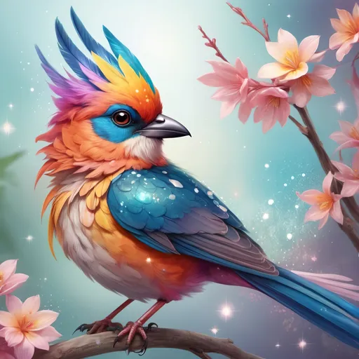Prompt: Illustrate a vivid and realistic bird in a natural setting, with a fantasy twist. Include soft colors, sparkles, and magical elements to enhance the bird’s unique and colorful plumage