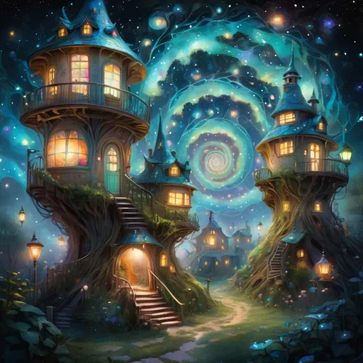 Prompt: Amazing breathtaking fairy surrealism, optical illusion surreal image of an intricate glowing infinite spiral fairy spiral SPIRALING farm made of stars with fairy villages and antique_street_lamps built into it, bioluminescent bonsai leading into starry galaxy, a silhouette of_a_fairy is walking in it, super colorful, hyperdetailed, intricate by "Jeremy_Mann", by "Liz_Gael", Cosmic Velvet night above a fairycore village, hyperdetailed fireflies, watercolor, incredible and insanely detailed fantasycore landscape, Zentangle, 3d shading, by Spring Dream