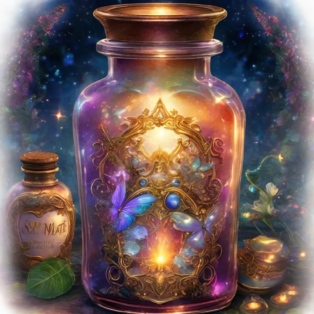 Prompt: insanely detailed gorgeous fairy potion bottle with a magical glowing liquid inside and a fantasy_label_that_says "Soul_Mate" surrounded by fairy dust and other magical things, Hearts, Love energy, Stylized watercolor, iridescent, Fantastical, Intricate, Fantasycore, Scenic, Hyperdetailed, Royo, Bagshaw, Chevrier, Ferri, Kaluta, Minguez, glowing edges, beautiful pastel colors, Mucha, Cina. Cinematic, WLOP, 24k