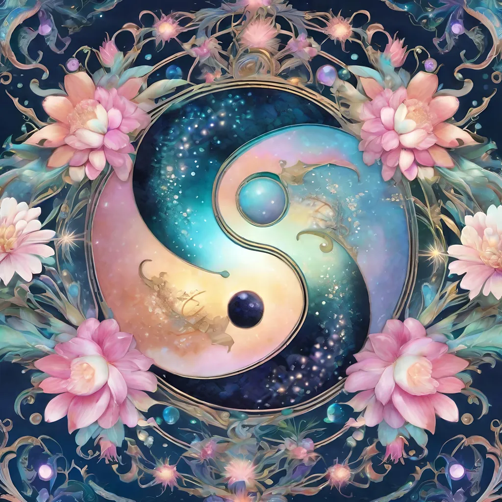 Prompt: insanely detailed gorgeous sparkling pastel yin yang with one side as pastel blooming nature and other side with pastel ocean, surrounded by glowing illuminated sparkles, Stylized watercolor, iridescent, Fantastical, Intricate, Fantasycore, Scenic, Hyperdetailed, Royo, Bagshaw, Chevrier, Ferri, Kaluta, Minguez, glowing edges, beautiful pastel colors, Mucha, Cina. Cinematic, WLOP