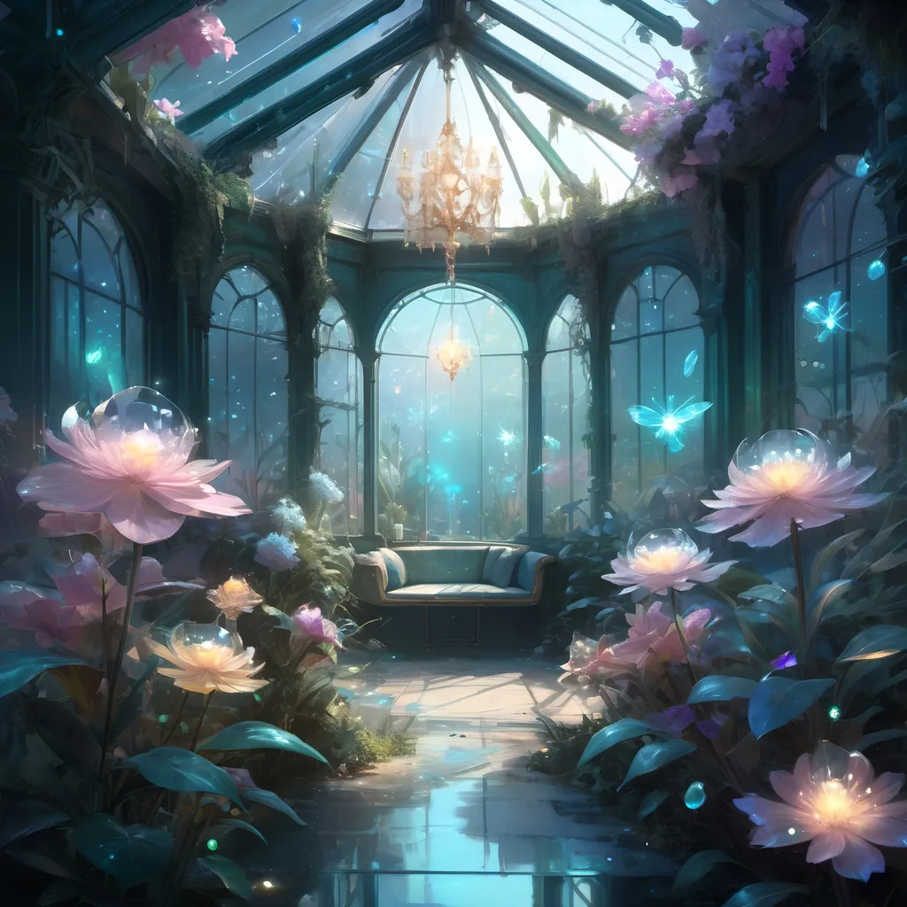 Prompt: A beautiful bioluminescent sparkling crystal pastel greenhouse full with crystalline pastel flowers and fireflies and crystals, by Craig Mullins, Destin Sparks, Raymond Swanland, Justin Minns, Ismail Inceoglu, Behance HD, Artstation, Deviantart, minimalistic touch of gold decorations, 8k resolution, incredible abstract composition, deep colors