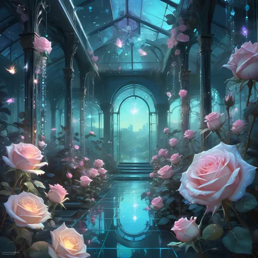 Prompt: A beautiful bioluminescent sparkling crystal pastel greenhouse full with crystalline pastel roses and fireflies and crystals, by Craig Mullins, Destin Sparks, Raymond Swanland, Justin Minns, Ismail Inceoglu, Behance HD, Artstation, Deviantart, minimalistic touch of gold decorations, 8k resolution, incredible abstract composition, deep colors
