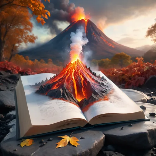 Prompt: Elven Intricate Open Book with "Magical Volcano Lava flow on Pages" on stone table in front of Fall made of Lava, smokey :: detailed fantasy background, hyperdetailed; by Kim Keever Antoine Collignon Wadim Kashin Peter Mohrbacher, vibrant realism; dynamic lighting; meticulously composed concept art, masterpiece, Volumetric lighting, epic cinematography shot, atmospheric, color shading, deep depth of field, cinematic, HDR, 3D digital photo illustration, color grading, ambient