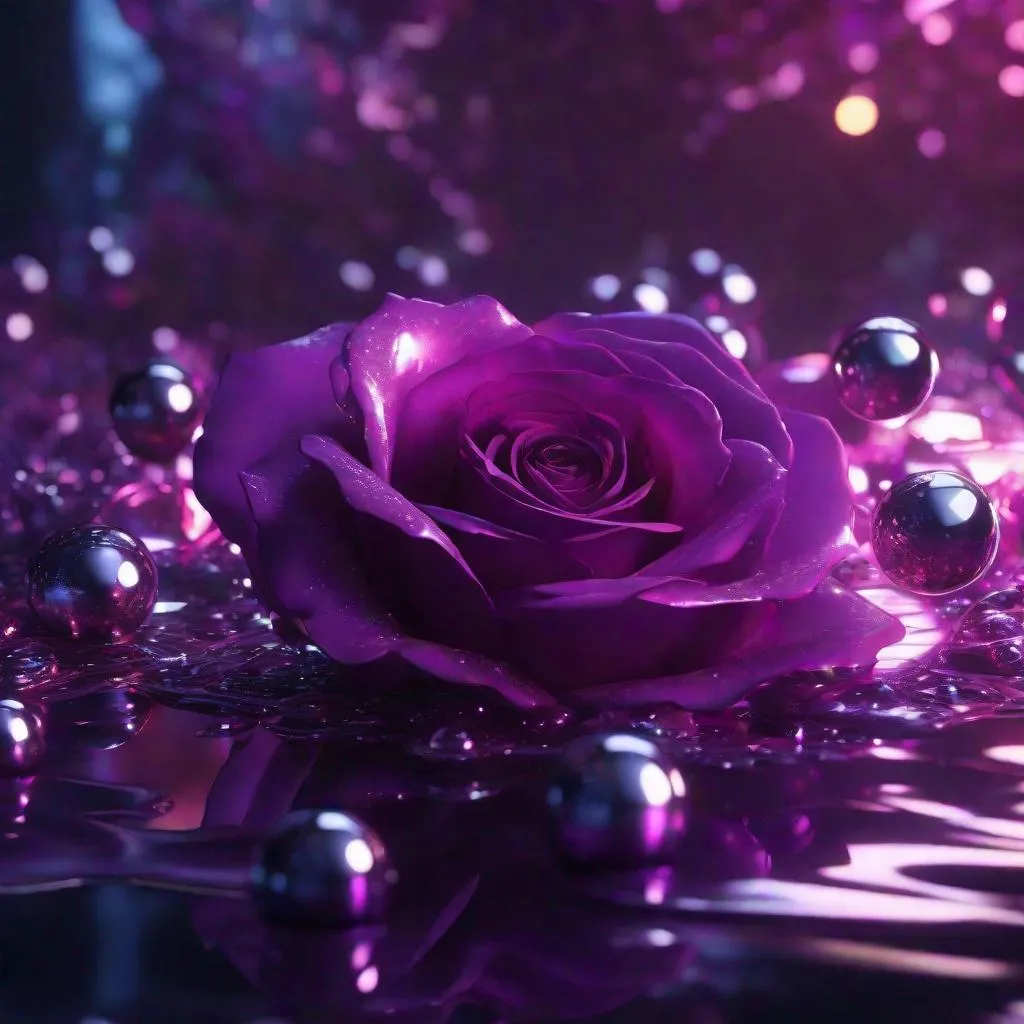 Prompt: Purple rose edges drip in silver, glowing purple light, silver orbs floating around :: detailed matte painting, deep color, fantastical, intricate detail, splash screen, complementary colors, fantasy concept art, 8k resolution trending on Artstation Unreal Engine 5