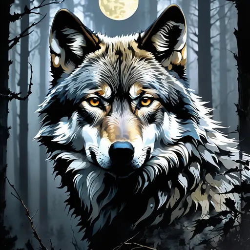 Prompt: centered portrait of wolf in spooky forest!!! moon!!!, uhd mysterious nocturnal scenes, multilayered realism, Masterpiece, Intricate, Insanely Detailed, dark gray, shot on 70mm, Kim Jung Gi, Gregory Crewdson, Yoji Shinkawa, Guy Denning, James Jean, Ink Drip