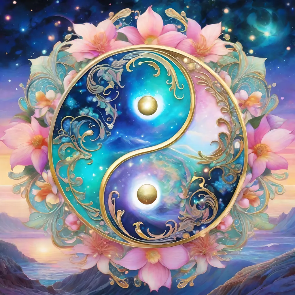 Prompt: insanely detailed gorgeous sparkling pastel yin yang with one side as pastel blooming nature and other side with pastel ocean, surrounded by glowing illuminated sparkles, Stylized watercolor, iridescent, Fantastical, Intricate, Fantasycore, Scenic, Hyperdetailed, Royo, Bagshaw, Chevrier, Ferri, Kaluta, Minguez, glowing edges, beautiful pastel colors, Mucha, Cina. Cinematic, WLOP