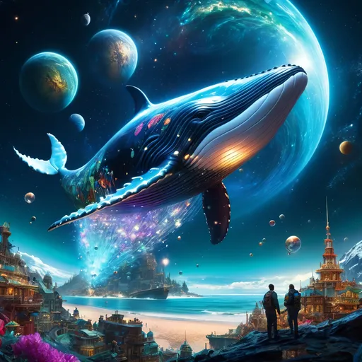 Prompt: Intricate illuminated sparkling metal whale swims in space, breathtaking borderland fantasycore artwork by Android Jones, Jean Baptiste monge, Alberto Seveso, Erin Hanson, Jeremy Mann. maximalist highly detailed and intricate professional_photography, a masterpiece, 8k resolution concept art, Artstation, triadic colors, Unreal Engine 5, cgsociety