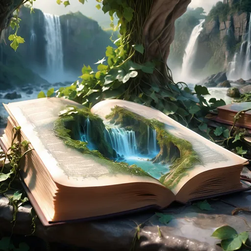 Prompt: Elven Intricate Open Book with "Magical World Map Pages" on stone table, Vines, Waterfalls, :: detailed fantasy background, hyperdetailed; by Kim Keever Antoine Collignon Wadim Kashin Peter Mohrbacher, vibrant realism; dynamic lighting; meticulously composed concept art, masterpiece, Volumetric lighting, epic cinematography shot, atmospheric, color shading, deep depth of field, cinematic, HDR, 3D digital photo illustration, color grading, ambient