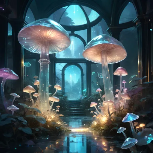 Prompt: A beautiful bioluminescent sparkling crystal pastel greenhouse full with crystalline pastel mushrooms and fireflies and crystals, by Craig Mullins, Destin Sparks, Raymond Swanland, Justin Minns, Ismail Inceoglu, Behance HD, Artstation, Deviantart, minimalistic touch of gold decorations, 8k resolution, incredible abstract composition, deep colors