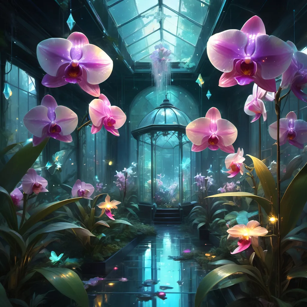 Prompt: A beautiful bioluminescent sparkling crystal pastel greenhouse full with crystalline pastel orchids and fireflies and crystals, by Craig Mullins, Destin Sparks, Raymond Swanland, Justin Minns, Ismail Inceoglu, Behance HD, Artstation, Deviantart, minimalistic touch of gold decorations, 8k resolution, incredible abstract composition, deep colors