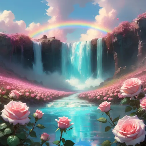 Prompt: A beautiful bioluminescent sparkling crystal pastel waterfall surrounded by crystalline pastel roses field and a pastel rainbow at the fluffy cloudy sky, by Craig Mullins, Destin Sparks, Raymond Swanland, Justin Minns, Ismail Inceoglu, Behance HD, Artstation, Deviantart, minimalistic touch of gold decorations, 8k resolution, incredible abstract composition, deep colors