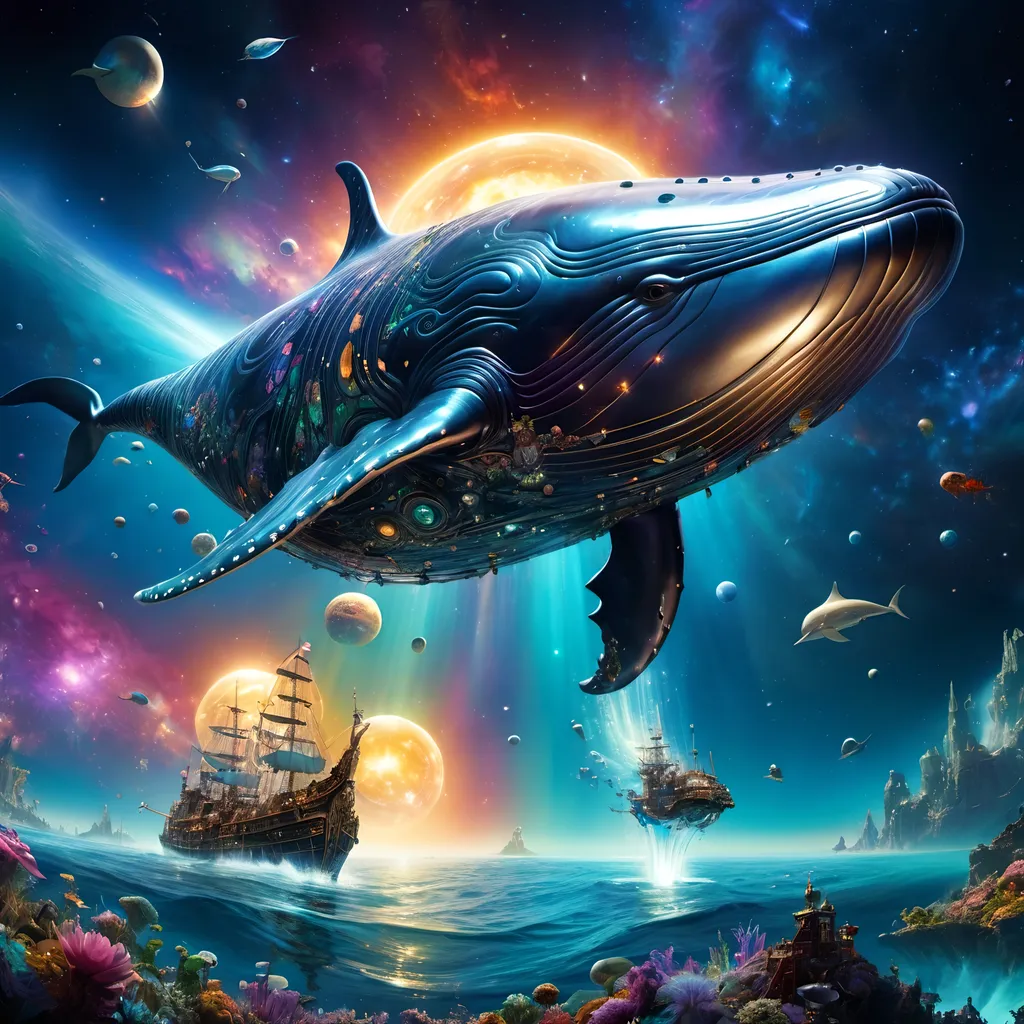 Prompt: Intricate illuminated sparkling metal whale swims in space, breathtaking borderland fantasycore artwork by Android Jones, Jean Baptiste monge, Alberto Seveso, Erin Hanson, Jeremy Mann. maximalist highly detailed and intricate professional_photography, a masterpiece, 8k resolution concept art, Artstation, triadic colors, Unreal Engine 5, cgsociety