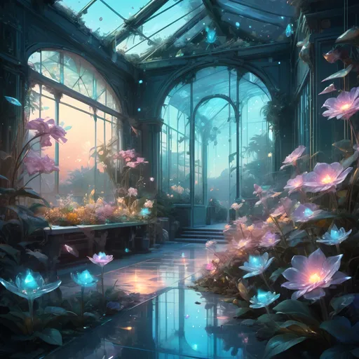 Prompt: A beautiful bioluminescent sparkling crystal pastel greenhouse full with crystalline pastel flowers and fireflies and crystals, by Craig Mullins, Destin Sparks, Raymond Swanland, Justin Minns, Ismail Inceoglu, Behance HD, Artstation, Deviantart, minimalistic touch of gold decorations, 8k resolution, incredible abstract composition, deep colors