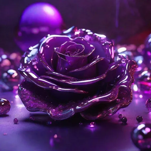 Prompt: Purple Glass rose edges drip in silver, glowing purple light, silver orbs floating around :: detailed matte painting, deep color, fantastical, intricate detail, splash screen, complementary colors, fantasy concept art, 8k resolution trending on Artstation Unreal Engine 5