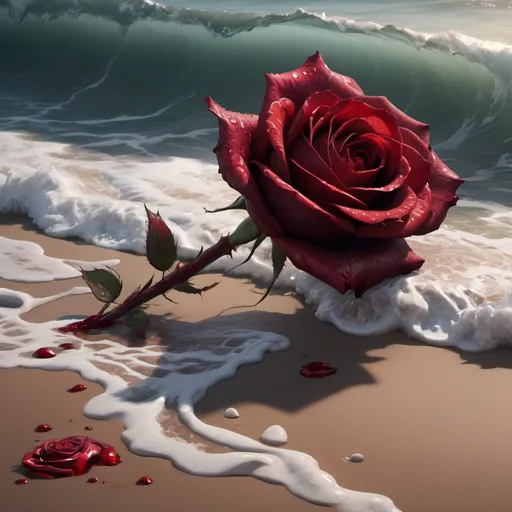 Prompt: "Dead red rose washed up on beach lapping waves gentle" :: detailed matte painting, deep color, fantastical, intricate detail, splash screen, complementary colors, fantasy concept art, 8k resolution trending on Artstation Unreal Engine 5
