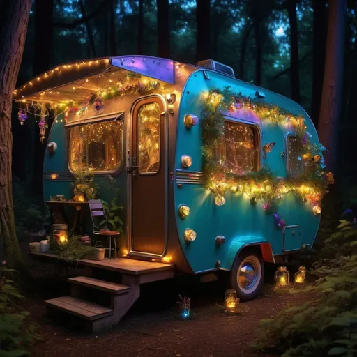 Prompt: HD Photograph close-up cozy overgrown fairy glass caravan camper mobile home in enchanted forest at night, fairy string lights, fireflies, glowing flowers, epic fantasy masterpiece artwork, maximalist highly detailed professional photography, triadic colors, octane photograph, photorealism