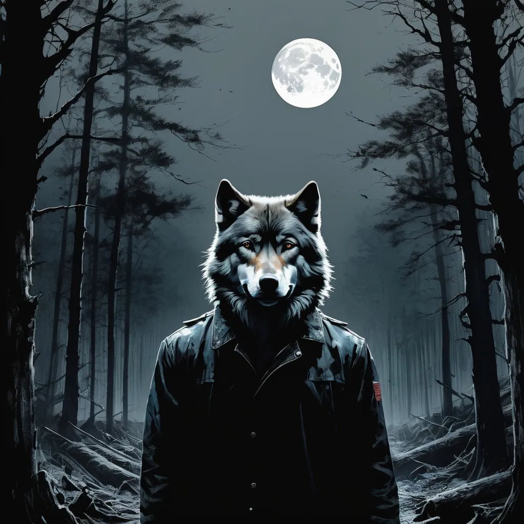 Prompt: centered portrait of wolf in spooky forest!!! moon!!!, uhd mysterious nocturnal scenes, multilayered realism, Masterpiece, Intricate, Insanely Detailed, dark gray, shot on 70mm, Kim Jung Gi, Gregory Crewdson, Yoji Shinkawa, Guy Denning, James Jean, Ink Drip