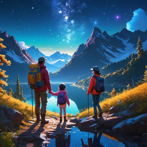 Prompt: father and little daughter hiking in the mountains, lake, starry night sky”, maximalist hyperdetailed, by Kim Jung Gi, Ismail Inceoglu, Yoshitaka Amano, Hirohiko Araki, a masterpiece, vibrant triadic colors, 8k resolution, ambient occlusion, dramatic lighting, perfect hands, rule of two-thirds, raytracing reflections