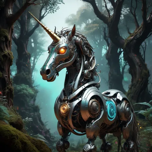 Prompt: Intricate gorgeous detailed Robotic metallic Unicorn with a glow metallic robotic spiral horn, fantasy magical illuminated robotic forest at the background, breathtaking borderland fantasycore artwork by Android Jones, Jean Baptiste monge, Alberto Seveso, Erin Hanson, Jeremy Mann. maximalist highly detailed and intricate professional_photography, a masterpiece, 8k resolution concept art, Artstation, triadic colors, Unreal Engine 5, cgsociety