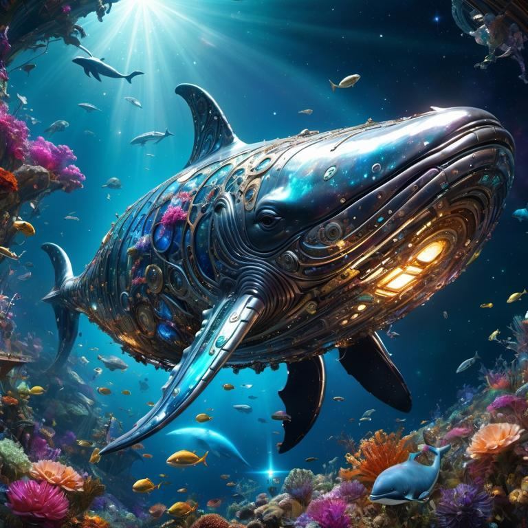 Prompt: Intricate illuminated sparkling metal whale swims in space, breathtaking borderland fantasycore artwork by Android Jones, Jean Baptiste monge, Alberto Seveso, Erin Hanson, Jeremy Mann. maximalist highly detailed and intricate professional_photography, a masterpiece, 8k resolution concept art, Artstation, triadic colors, Unreal Engine 5, cgsociety