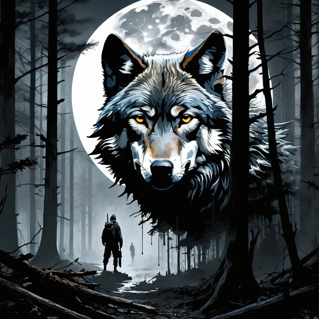 Prompt: centered portrait of wolf in spooky forest!!! moon!!!, uhd mysterious nocturnal scenes, multilayered realism, Masterpiece, Intricate, Insanely Detailed, dark gray, shot on 70mm, Kim Jung Gi, Gregory Crewdson, Yoji Shinkawa, Guy Denning, James Jean, Ink Drip