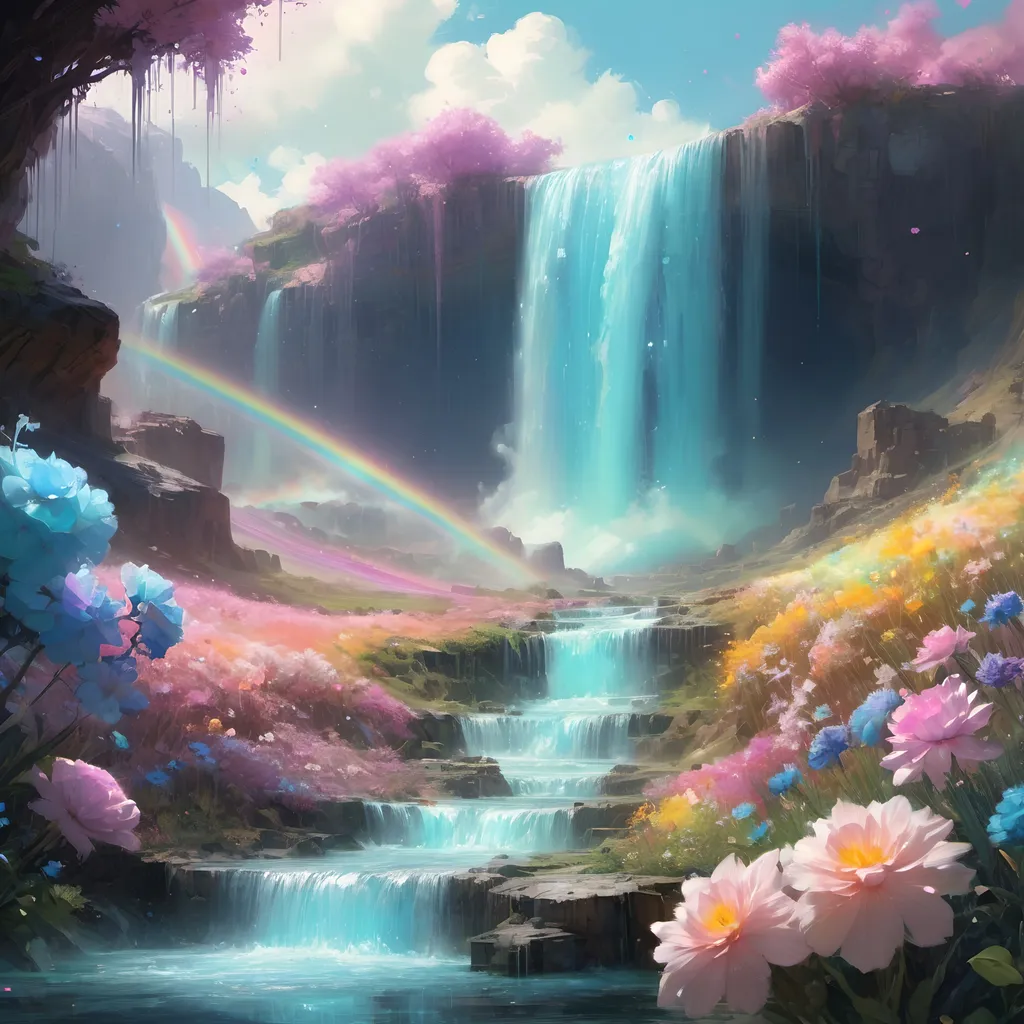 Prompt: A beautiful bioluminescent sparkling crystal pastel waterfall surrounded by crystalline pastel flowers field and a pastel rainbow at the fluffy cloudy sky, by Craig Mullins, Destin Sparks, Raymond Swanland, Justin Minns, Ismail Inceoglu, Behance HD, Artstation, Deviantart, minimalistic touch of gold decorations, 8k resolution, incredible abstract composition, deep colors