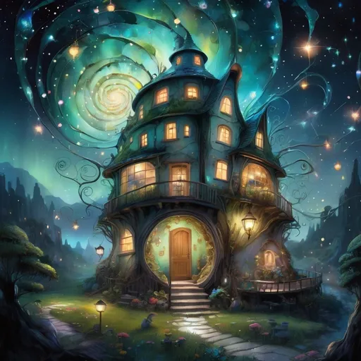 Prompt: Amazing breathtaking fairy surrealism, optical illusion surreal image of an intricate glowing infinite spiral fairy spiral SPIRALING farm made of stars with fairy villages and antique_street_lamps built into it, bioluminescent bonsai leading into starry galaxy, a silhouette of_a_fairy is walking in it, super colorful, hyperdetailed, intricate by "Jeremy_Mann", by "Liz_Gael", Cosmic Velvet night above a fairycore village, hyperdetailed fireflies, watercolor, incredible and insanely detailed fantasycore landscape, Zentangle, 3d shading, by Spring Dream