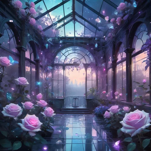 Prompt: A beautiful bioluminescent sparkling crystal pastel greenhouse full with crystalline lilac pastel roses and fireflies and crystals, by Craig Mullins, Destin Sparks, Raymond Swanland, Justin Minns, Ismail Inceoglu, Behance HD, Artstation, Deviantart, minimalistic touch of gold decorations, 8k resolution, incredible abstract composition, deep colors