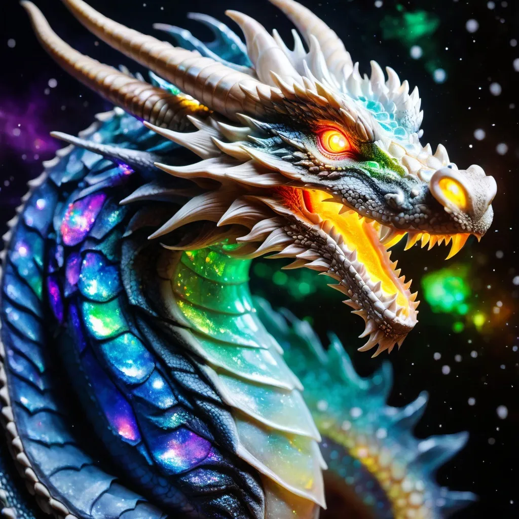 Prompt: Microphotograph glowing dragon portrait dragon of a dragon Beautiful dragon bright dibutyl phthalate eyed dragon, living dichroic dragon lightning opal dragon ammonite dragon swirling galaxy vortex dragon splattered dibutyl phthalate dragon