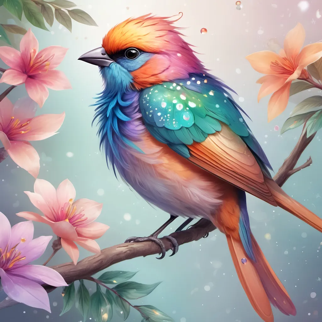 Prompt: Illustrate a vivid and realistic bird in a natural setting, with a fantasy twist. Include soft colors, sparkles, and magical elements to enhance the bird’s unique and colorful plumage