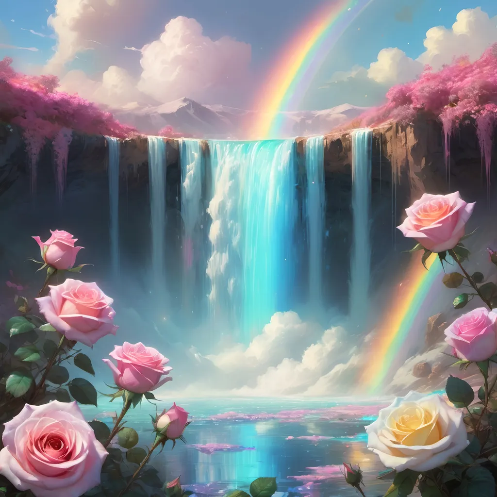 Prompt: A beautiful bioluminescent sparkling crystal pastel waterfall surrounded by crystalline pastel roses field and a pastel rainbow at the fluffy cloudy sky, by Craig Mullins, Destin Sparks, Raymond Swanland, Justin Minns, Ismail Inceoglu, Behance HD, Artstation, Deviantart, minimalistic touch of gold decorations, 8k resolution, incredible abstract composition, deep colors