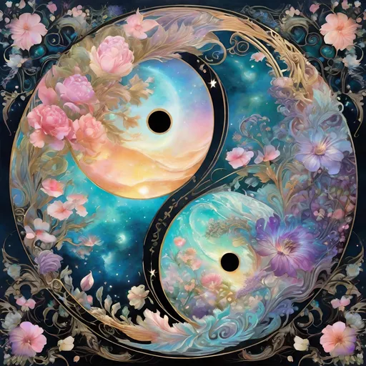 Prompt: insanely detailed gorgeous sparkling pastel yin yang with one side as pastel blooming nature and other side with pastel ocean, surrounded by glowing illuminated sparkles, Stylized watercolor, iridescent, Fantastical, Intricate, Fantasycore, Scenic, Hyperdetailed, Royo, Bagshaw, Chevrier, Ferri, Kaluta, Minguez, glowing edges, beautiful pastel colors, Mucha, Cina. Cinematic, WLOP