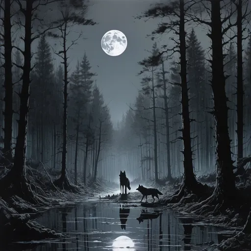 Prompt: centered portrait of wolf in spooky forest!!! moon!!!, uhd mysterious nocturnal scenes, multilayered realism, Masterpiece, Intricate, Insanely Detailed, dark gray, shot on 70mm, Kim Jung Gi, Gregory Crewdson, Yoji Shinkawa, Guy Denning, James Jean, Ink Drip