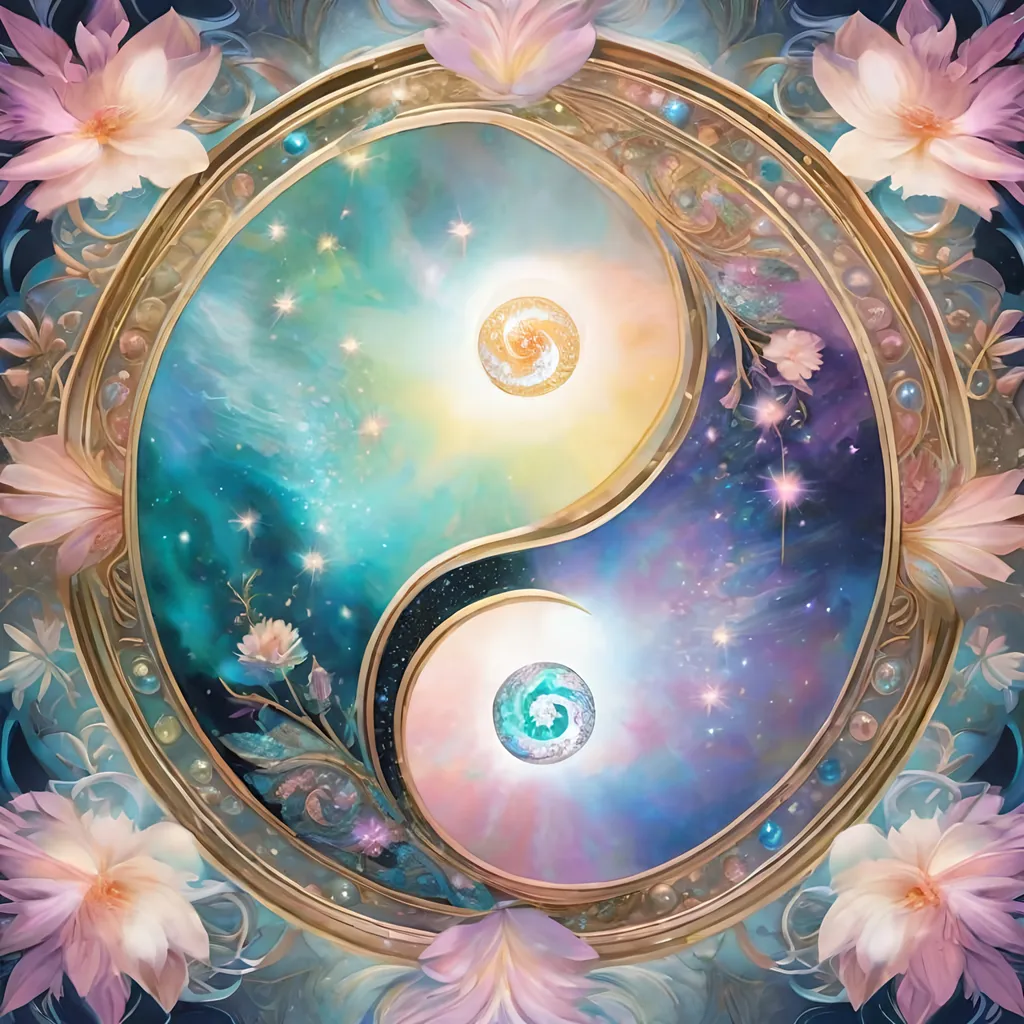 Prompt: insanely detailed gorgeous sparkling pastel yin yang with one side as pastel blooming nature and other side with pastel ocean, surrounded by glowing illuminated sparkles, Stylized watercolor, iridescent, Fantastical, Intricate, Fantasycore, Scenic, Hyperdetailed, Royo, Bagshaw, Chevrier, Ferri, Kaluta, Minguez, glowing edges, beautiful pastel colors, Mucha, Cina. Cinematic, WLOP