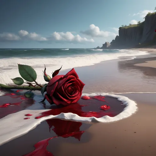 Prompt: "Dead red rose washed up on beach lapping waves gentle" :: detailed matte painting, deep color, fantastical, intricate detail, splash screen, complementary colors, fantasy concept art, 8k resolution trending on Artstation Unreal Engine 5