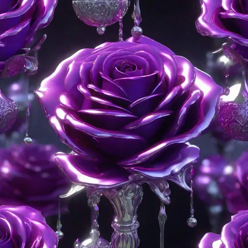 Prompt: Purple Glass rose edges drip in silver, glowing purple light, silver orbs floating around :: detailed matte painting, deep color, fantastical, intricate detail, splash screen, complementary colors, fantasy concept art, 8k resolution trending on Artstation Unreal Engine 5