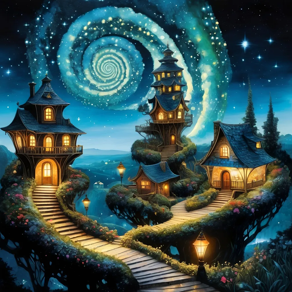 Prompt: Amazing breathtaking fairy surrealism, optical illusion surreal image of an intricate glowing infinite spiral fairy spiral SPIRALING farm made of stars with fairy villages and antique_street_lamps built into it, bioluminescent bonsai leading into starry galaxy, a silhouette of_a_fairy is walking in it, super colorful, hyperdetailed, intricate by "Jeremy_Mann", by "Liz_Gael", Cosmic Velvet night above a fairycore village, hyperdetailed fireflies, watercolor, incredible and insanely detailed fantasycore landscape, Zentangle, 3d shading, by Spring Dream