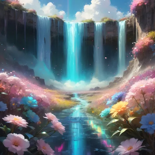 Prompt: A beautiful bioluminescent sparkling crystal pastel waterfall surrounded by crystalline pastel flowers field and a pastel rainbow at the fluffy cloudy sky, by Craig Mullins, Destin Sparks, Raymond Swanland, Justin Minns, Ismail Inceoglu, Behance HD, Artstation, Deviantart, minimalistic touch of gold decorations, 8k resolution, incredible abstract composition, deep colors