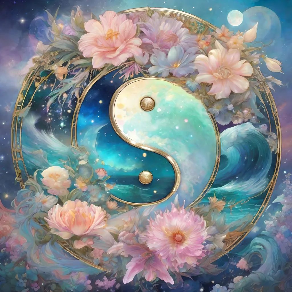 Prompt: insanely detailed gorgeous sparkling pastel yin yang with one side as pastel blooming nature and other side with pastel ocean, surrounded by glowing illuminated sparkles, Stylized watercolor, iridescent, Fantastical, Intricate, Fantasycore, Scenic, Hyperdetailed, Royo, Bagshaw, Chevrier, Ferri, Kaluta, Minguez, glowing edges, beautiful pastel colors, Mucha, Cina. Cinematic, WLOP